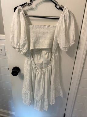 White Puff Sleeve Mini Dress with Smocked Bodice